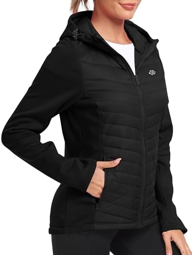 MoFiz Womens Fleece Lined Softshell Jacket Hooded Windproof Lightweight Insulated Puffer Hybrid Down Jacket Full Zip Running Coat Black L