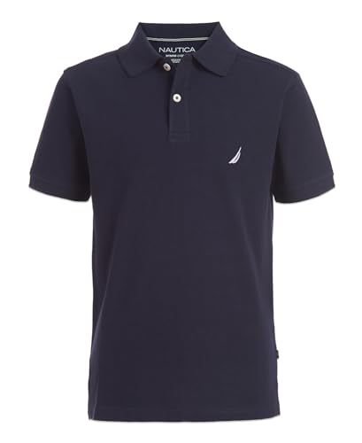 Nautica Boys' Short Sleeve Anchor Polo, Button Closure, Soft & Comfortable, Pique Fabric, Sport Navy, 14-16