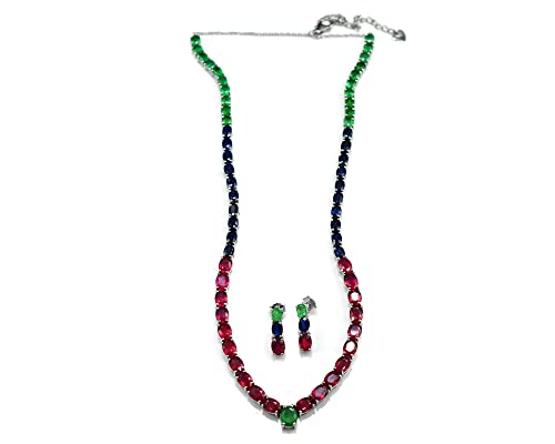 925 Solid Silver Natural 8X6 Mm Oval Cut Red Ruby Zambian Emerald Blue Sapphire Mix Color Necklace Earring May Birthstone Adjustable Chain Necklace Women Jewelry Wedding Gift For Bridal (Yellow Gold Rhodium Plated Silver, 20 Inches) #TOP2
