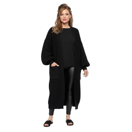 HUBIBUBI Ladies Oversized Long Cardigan Balloon Sleeve Chunky Ribbed Open Knitted Maxi Jumper Ladies Maxi Knitted Puff Sleeve 2 Pocket Cardigan Boyfriend Sweater Top UK Size 8-22 Black