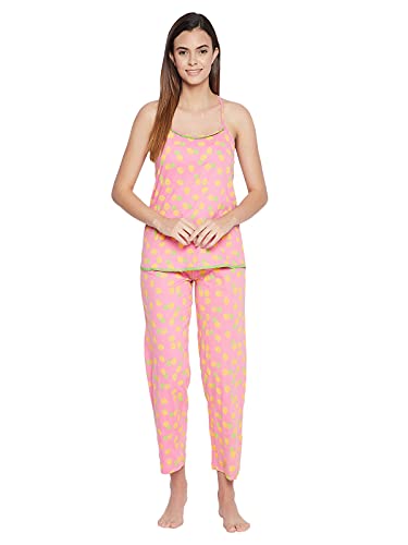 Image of Clovia Women's Cotton Printed Cami Top & Pyjama Set - Pink