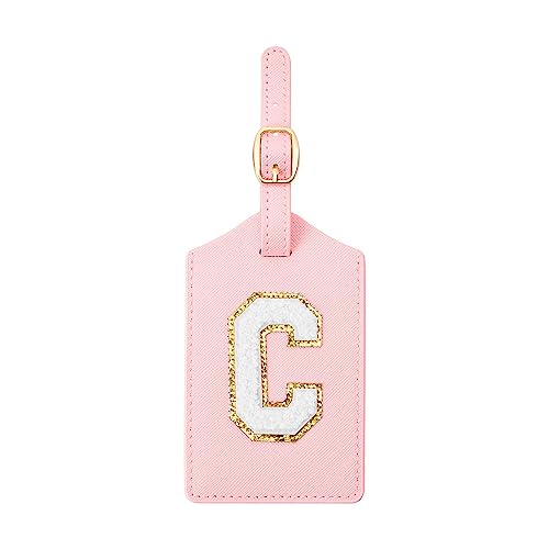 CHOIEO Initial Luggage Tag, PU Leather, Embroidered, Letter, Monogrammed for Baggage, Bag, Suitcase (C, Pink Leather+White Letter)
