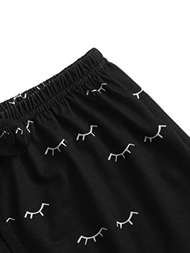 Wdirara Women's Cute Cartoon Print Closed Eyes Print Tee And Shorts Pajama Set Black L #TOP3