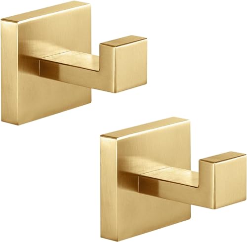 QNIIAED 2 Pcs Square Bathroom Towel Hook,Metal Coat Hook Wall Mounted Robe Hook SUS 304 Stainless Steel Heavy Duty Door Hanger Hook Screw in for Bedroom or Kitchen（Brushed Brass Gold）