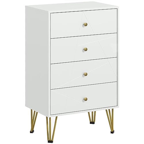 HOMCOM Cómoda de Dormitorio Moderna Cómoda de Madera con 4 Cajones y Patas Metálicas Mueble Cajonera para Salón Oficina 60x40x100 cm Blanco