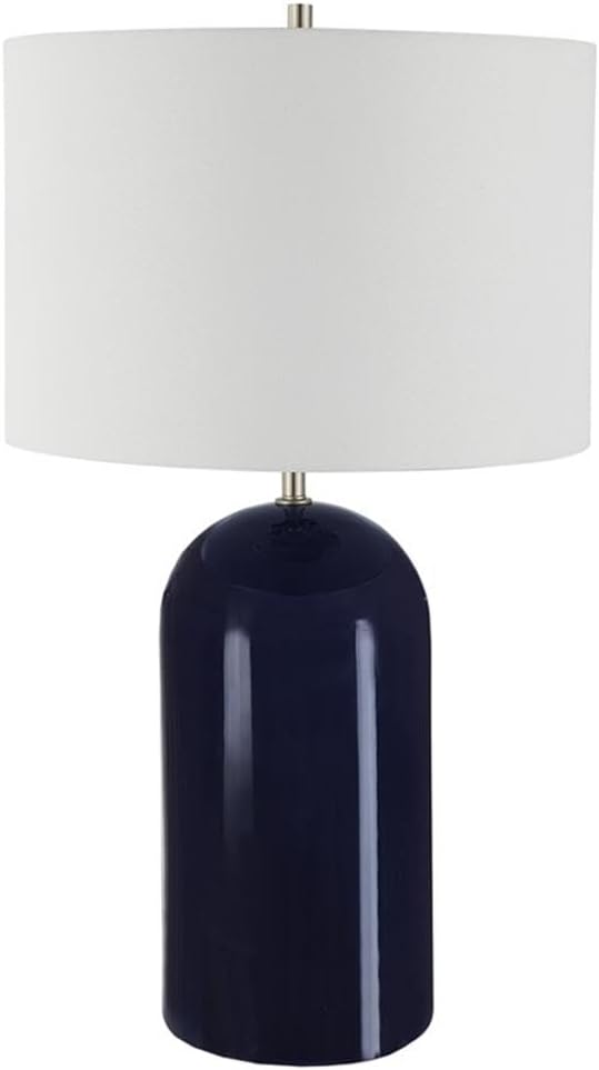 BOWERY HILL 1-Light Coastal Ceramic Table Lamp, Navy Blue Finish with Brushed Nickel Accents, White Linen Round Hardback Shade, 27 in Height, Contemporary Transitional Design for Living Room or