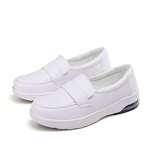 Eliogn Women's Nurse Shoes Non-Slip Restaurant Work Shoes Fashion Casual Loafers Leather Flat Walking Shoes White 36