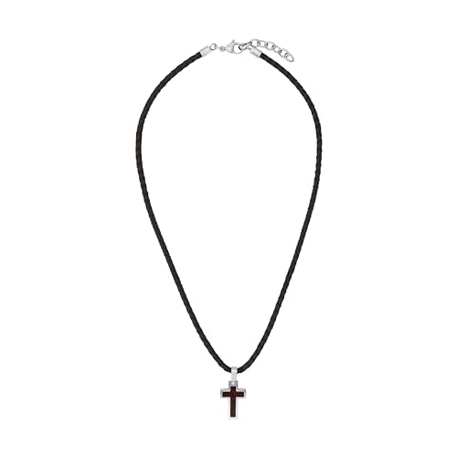 s.Oliver Kette mit Kreuzanhänger für Jungen, Anhänger: Holz/Edelstahl, Kette: Echtes Leder, Silber/Braun