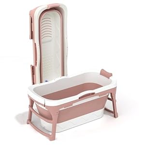 Portable Bathtub-Large 56″Foldable Collapsible Tub for Adults-Soaking Bathtub with Side Handles&Waterproof Neck Pillow&Foot Massage Roller（pink）