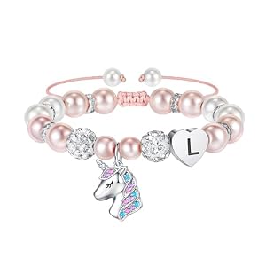 TINGN Einhorn Geschenke für Mädchen, Einhorn Armband Kinder 7 8 9 10 Jahre Armband mit Buchstaben L Rosa Perlen Armkette Kinderarmband Mädchen Geschenke für Mächen Tochter Enkelin