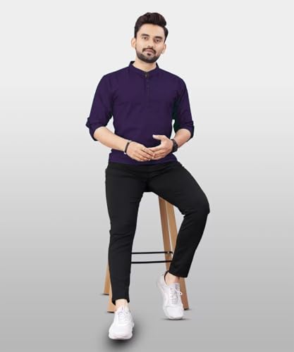 Image of DEEMOON Men's Regular Fit Solid Sprad Collar Casual Shirt with a Trendy Mandarin Collar Crafted from a Premium Cotton Blend