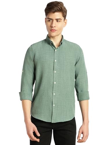 Image of Thomas Scott Men's | Solid | Textured Fabric | Full Sleeve | Slim Fit | Polyester-Blend | Spread Collar | Casual Shirt