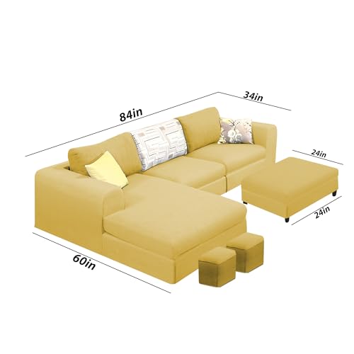 Image of Koza LHS 4 Seater L Shape Sofa Set with Center Table for Living Room (Yellow Fabric) Premium Fabric Sofa