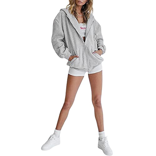 Fomoyuu Womens Oversized Zip Up Hoodie Jacket Baggy Loose Basic Zipper Hooded Sweatshirt Coat (Grey, S) #TOP3