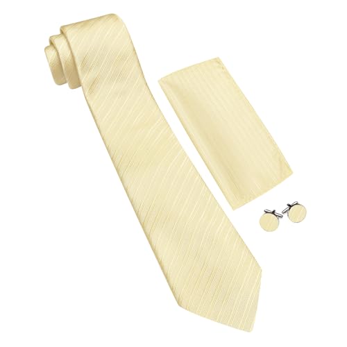 Image of Barry.Wang Solid Striped Tie for Men Silk Necktie Pocket Square Cufflinks Formal Wedding Party Business