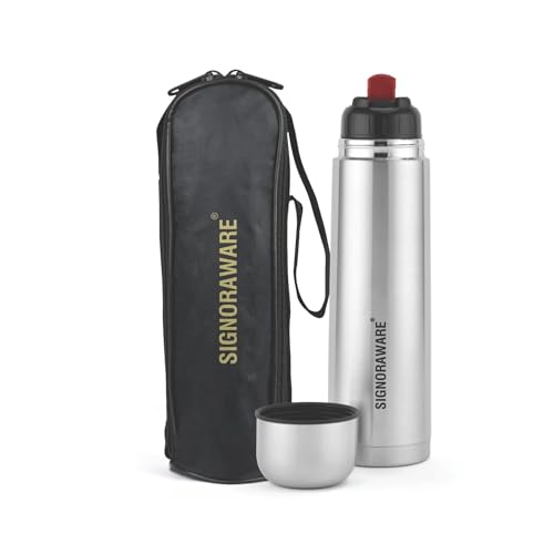Image of SignoraWare Bullet Stainless Steel Vaccum Insulated ISI Certified Cola Bottle with Protective Cover | Airtight & Leakproof | Hot & Cold for Hours | Durable Flask for Outdoor Use (750ml | Steel)