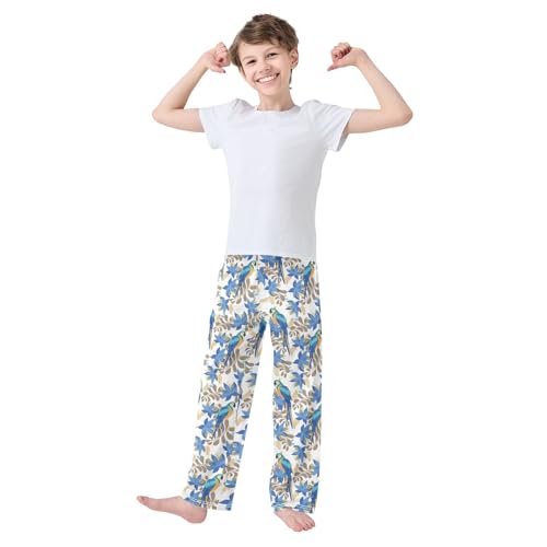 Parrot and Leaves Print Boys Long Pants Soft Trousers Elastic Waist Kids Lounge Bottoms with Pockets S-XL2