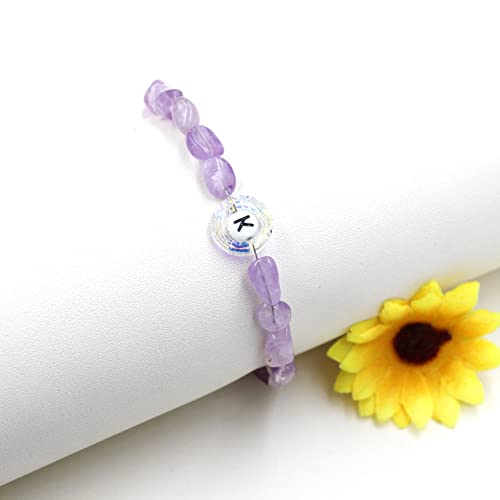 Image of Uloveido Purple Natural Stone and Austrian Crystal Letter Bracelet, Personalized Initial Jewelry for Women A-Z 26 Letters