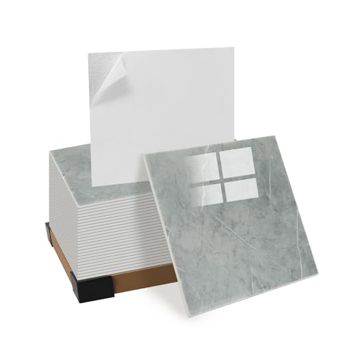 GRITHOME 10pcs Thick Grey Marble Peel and Stick Wall Panels 11.8" x 11.8" Waterproof Backsplash Tile Peel and Stick Wall Tiles for Bathroom,Kitchen,Living Rooms (Not Real Tile)