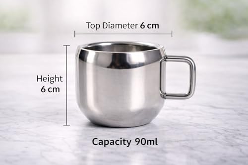 Image of Stainless Steel Tea Cups Set of 12 with Handle | Mirror Finish Chai Cups | 90ml Tea & Coffee Serving Cups | Rust Resistant | Double wall Apple Shaped (Silver)
