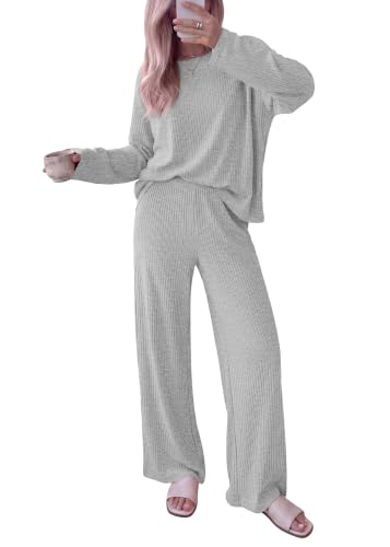 KIRUNDO Fall Ribbed Knit 2 Piece Lounge Set Women(Light Grey, X-Large)