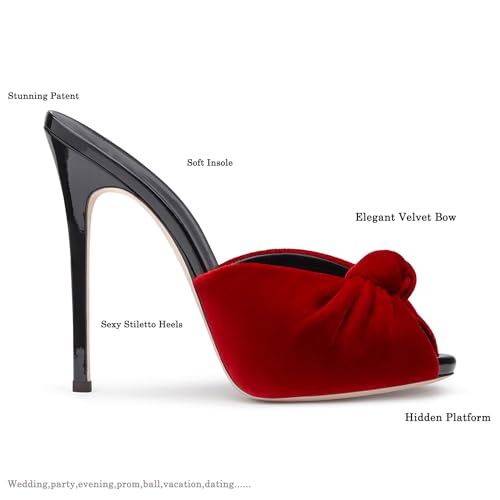 Image of LEHOOR Women Stiletto Heel Mules Platform Bow Round Open Toe Slip On Mule Sandals Velvet Cute 5 Inch Thin High Heels Peep Toe Stilettos Backless Sandal Heels Dress Evening Party 5-12 M US