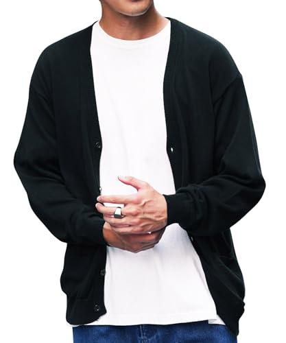 [JIGGYS SHOP] ジギーズショップ コットンカーディガン｜XL ブラック 綿 cardigan スクールカーディガン ニット 春服 秋服 薄手 無地 長袖 Vネック 職場 オフィス ビジネス カジュアル 学生 冷房対策 シンプル 定番 黒 青 茶色 赤の商品画像（Amazon）