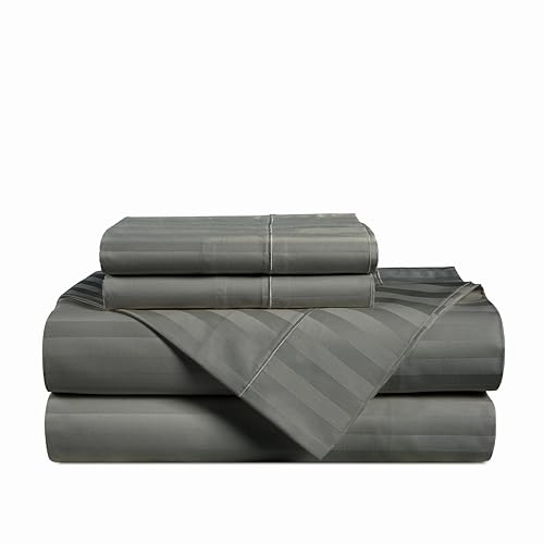 Casa Platino 100% Egyptian Cotton Sheets Twin XL Size Set - 4 Pieces - Damask Stripe- Ultra Smooth Sateen Weave Bed Sheets Set with 15" Deep Pockets - Dark Grey