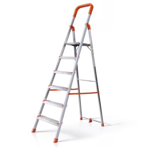 HOUZA Aluminium Ladder for Home 6 Steps Foldable with Anti-Skid Wide Steps | 6 Step Ladder for Home Use, Kitchen & Household | 250 Kg Load Capacity Folding Ladder | 5 Year Warranty (Orange)