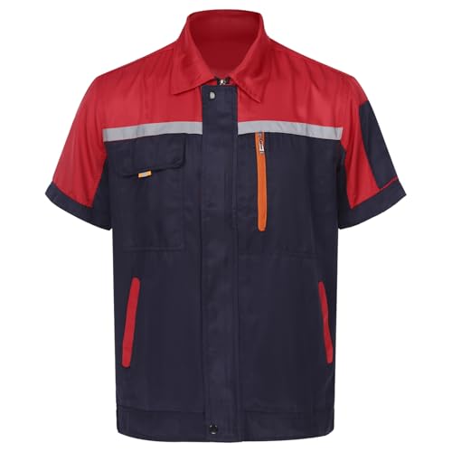 RUNQHUI Veste de Travail Homme Manches Courtes Chantier Mécanicien Usine M-3XL Rouge&Bleu Marine 3XL
