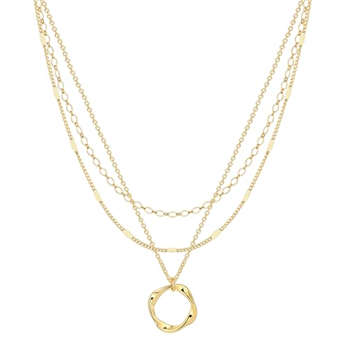 Bvuem Gold Layered Necklace for Women, Stackable 14k Gold Plated Choker Necklaces Trendy Dainty Layering Circle Pendant Chain Necklace Set Stack Fashion Jewelry