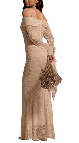 Image of Cercis Womens Off The Shoulder Floral Lace Maxi Wedding Dress Boho Flowy Wedding Guest Formal Long Dresses