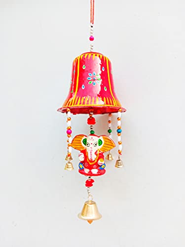 SITA Arts Car Rear View Jhumer Mirror Decor Decorative JHOOMAR Wind Chime Hanging Bell Ganesha Red Colour Full Door for Home / Temple Decoration (30 cm )