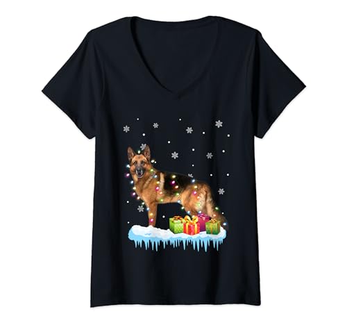 German Shepherd Dog Tree Christmas Light Sweater Xmas Dogs Camiseta Cuello V