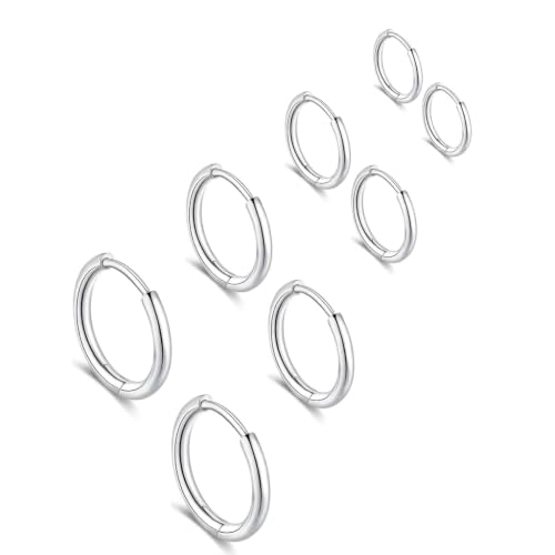Image of SANNIDHI 4 Pairs Hoop Earrings for Women Men Stylish Stainless Steel 8mm 10Mmm 12mm 14mm Ear Rings Trendy Cartilage Surgical Hoops Earrings for Women Girls Men - Silvercolor