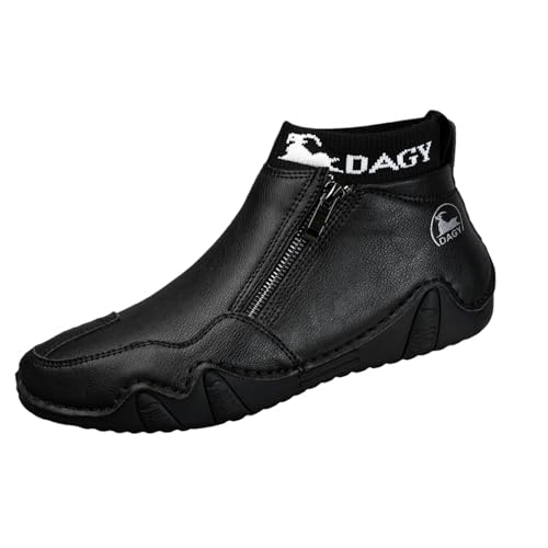 XDFVC Mens Casual Leather Shoes Ankle Chukka Boots Waterproof Outdoor Hiking High Boots Comfortable Handmade Round Toe Non-Slip Flats Loafers with Side Zipper Driving Shoes Fashion