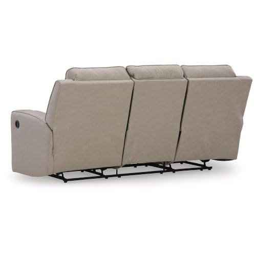 Image of Signature Design by Ashley Wall Hugger Reclining Sofa with Drop Down Table | Pebble gray faux leather, Contrast jumbo stitching, Drop down table with USB ports, 3 in wall distance, Lavenhorne Series