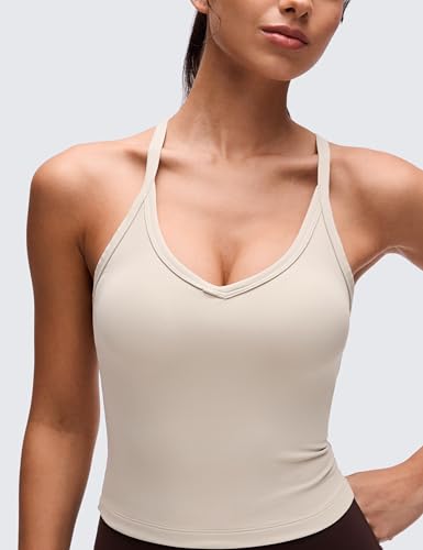 Image of CRZ YOGA Double Lined V Neck Cami Crop Tank Top | Yoga, Butterluxe Soft, Tight Fit, Racerback, Camisole Shirts for Women