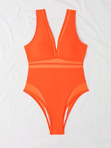 Soly Hux Women's Mesh One Piece Swimsuit Deep V Neck Sleeveless Bathing Suit Monokini Swimwear Solid Orange M #TOP1