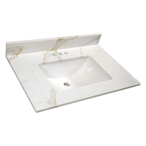 Image of Design House Calesco Calacatta Quartz Bathroom Vanity Top, White with Taupe and Grey Veining, Pre-Mounted White Bowl, 31 in L x 22 in W x 12.5 in H, with Backsplash, 4 in Center Set, 227900-CC-CC