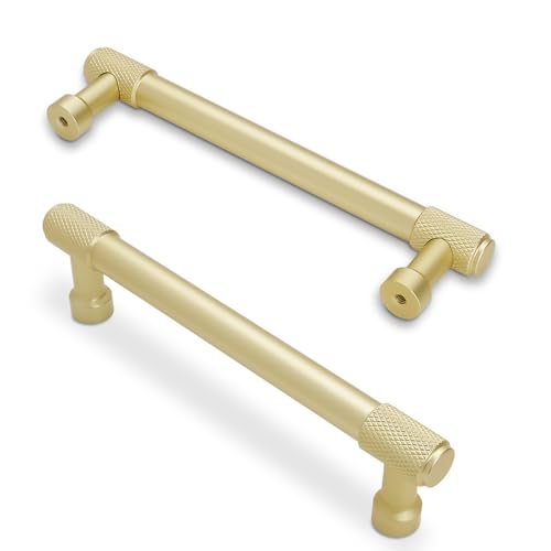POVEFONK 10 Pack 6-1/4 inch(160mm) Brushed Brass Kitchen Cabinet Handles Knurled Cabinet Pulls Gold Drawer Pulls Cabinet Hardware Kitchen Handles Drawer Pulls Dresser Handles