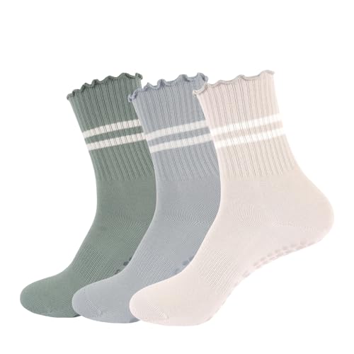 3 Pairs Yoga Socks with Grips, Non Slip Ruffle Pilates Socks Frilly Crew Socks for Barre Barefoot Workout Hospita