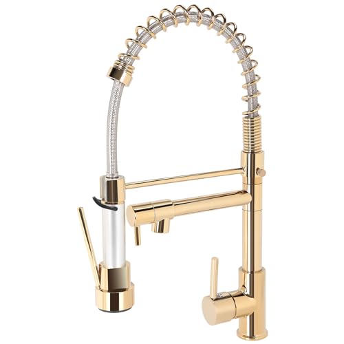 EGTink Grifo de cocina con ducha, giratorio 360°, con muelle en espiral, color amarillo dorado