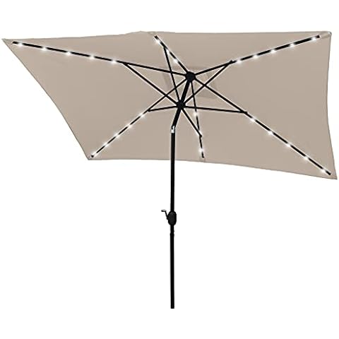 HENG FENG 10x6.5FT Outdoor Rectangular Solar Powered 26LED Lighted Patio Umbrella Table Market Umbrella with Push Button Tilt and Crank, Beige Cover