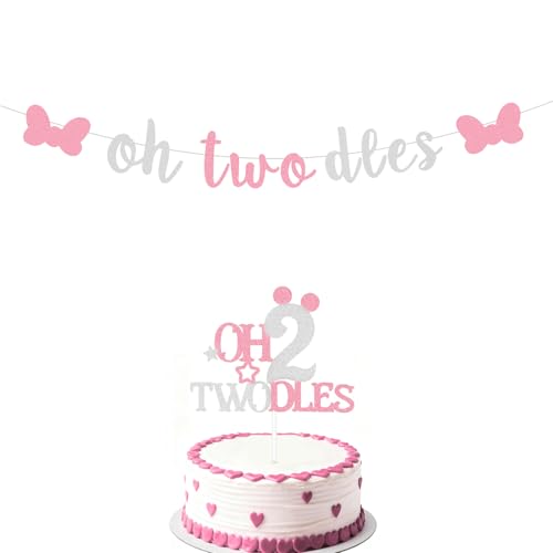 Xugoox Oh Twodles Birthday Party Supplies Decorations - Mouse Theme Pink Second Birthday Cake Topper 2nd Banner Party Supplies Decorations Photo Prop for Girl