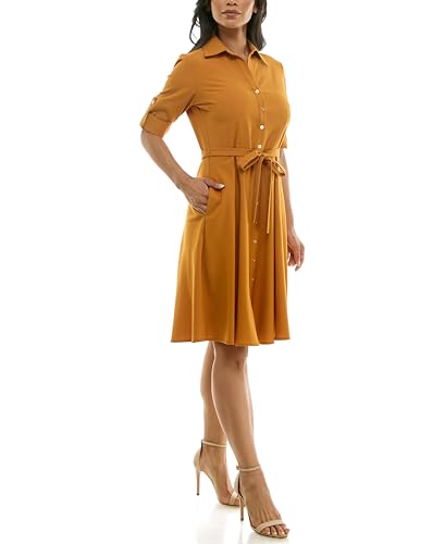 Image of Sharagano Women's Pleated Shirt Dress - 3 /4 Sleeve, V-Neck, Gold Buttons