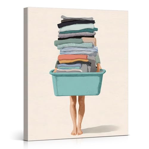 Laundry Room Wall Art Print - Pile of Clothes Picture Painting Artwork - Modern Laundry Room Wall Decor 8x10 Canvas Framed