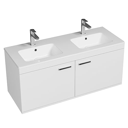 SANIVERRE RUBITE Meuble Salle de Bain Double Vasque 2 Portes Blanc Largeur 120 cm