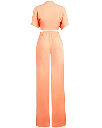 Aro Lora Women's 2 Piece Outfit Jumpsuit Short Sleeve V Neck Tie Up Crop Top Wide Leg Pant Set Romper Medium Orange #TOP2