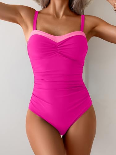 One Piece Swimsuit Tummy Control Color Block Bathing Suits for Women Ruched Slimming Swim Suit Tie Back2